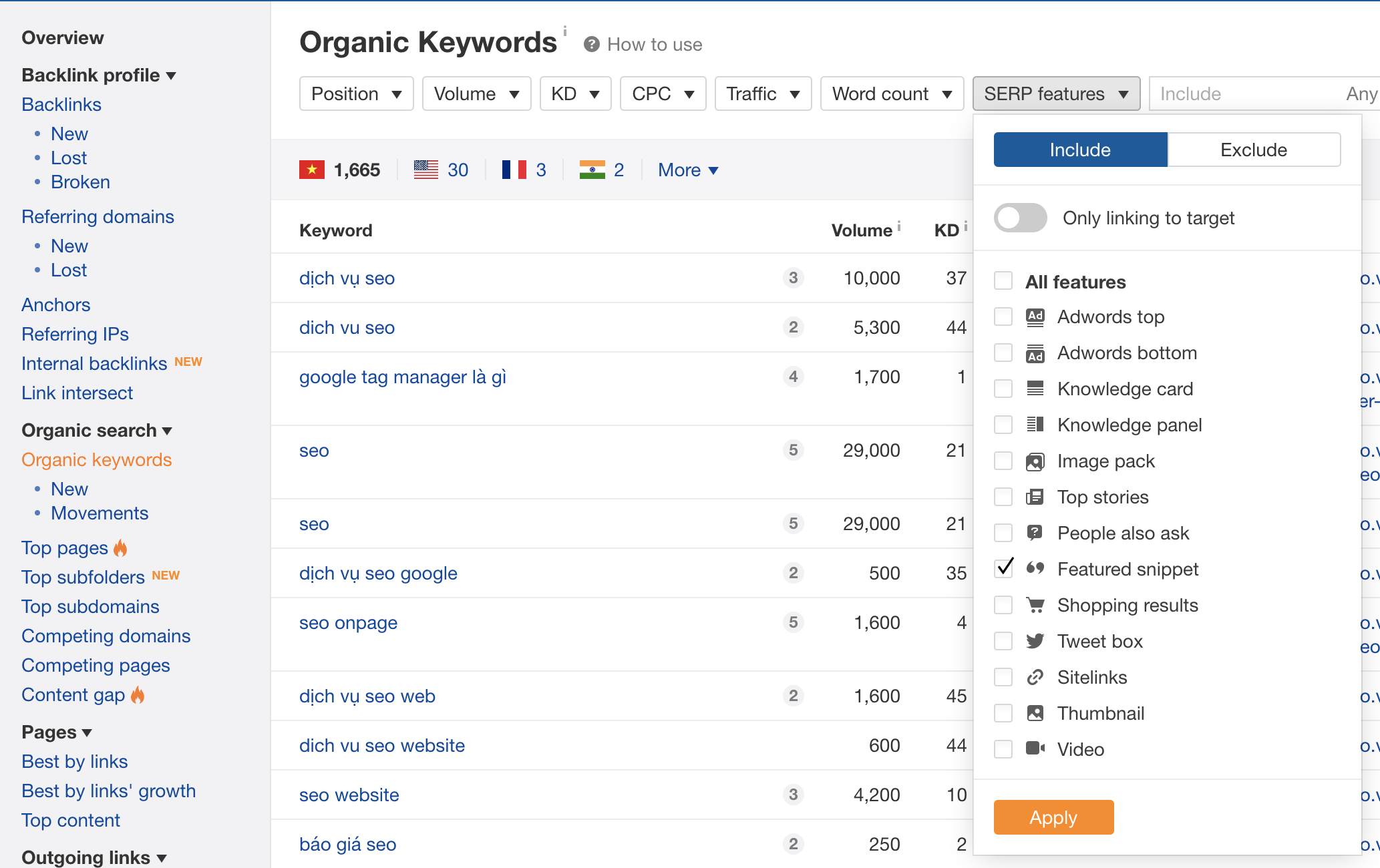 tool ahrefs nghiên cứu từ khoá feature snippet