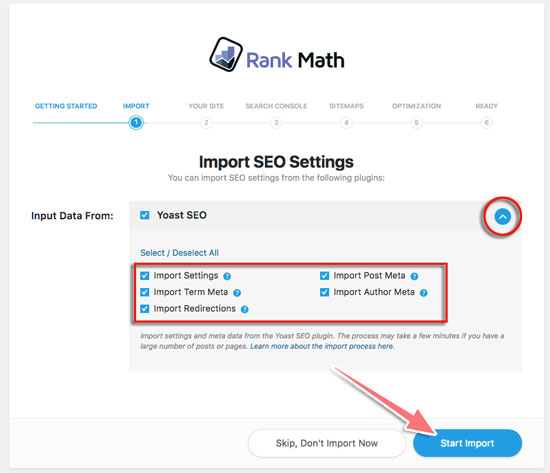 Import dữ liệu rank math seo và chuyển sang bước tiếp theo