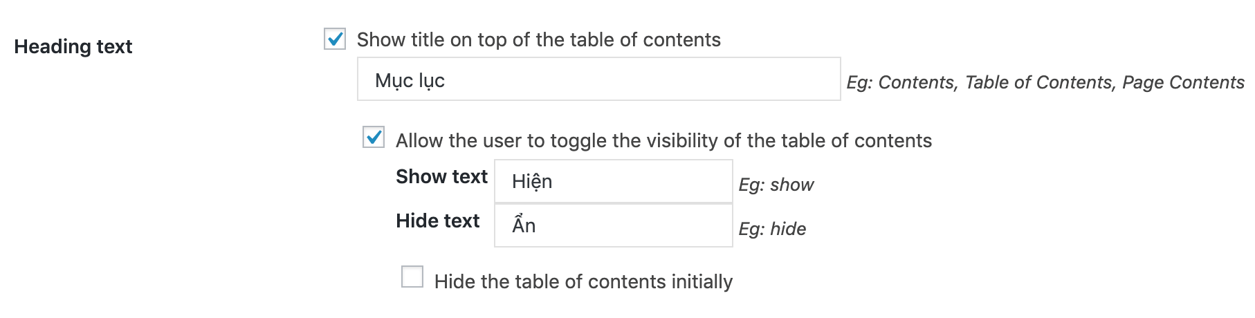 Cài đặt heading text cho table of contents plus