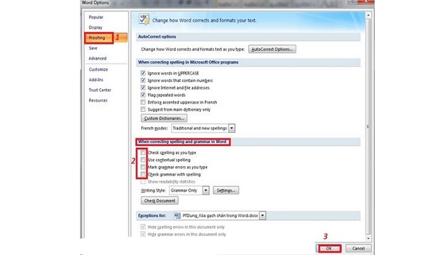 Chọn mục Proofing, bỏ hết tích ở nhóm When correcting spelling and grammar in Word rồi nhấn OK