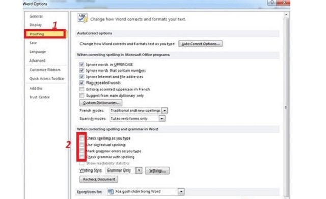 Bỏ hết các tích chọn trong mục Proofing rồi nhấn OK để hoàn tất thao tác