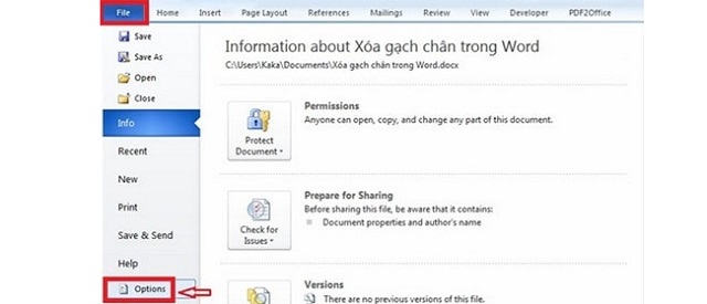 Vào File, chọn Options.