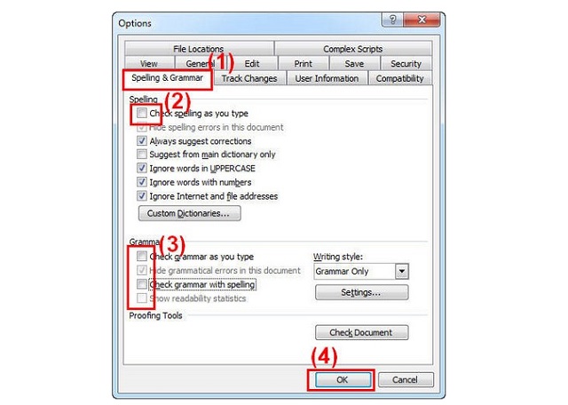Nhấp tab  Spelling & Grammar và bỏ các dấu tích chọn trong Grammar rồi ấn OK