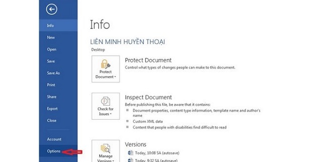 Trong Word chọn File, tiếp đến là Options
