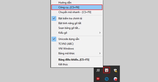 Click vào icon Unikey, chọn công cụ...[CS+F6].