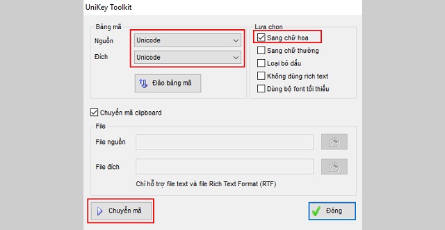 Unikey Tooklit mở chọn Unicode rồi nhấn "sang chữ hoa", ấn chuyển mã rồi kết thúc bằng OK 