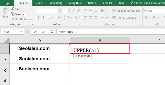 Với hàm =UPPER(), hãy chọn ô viết chữ, nhập =UPPER (ô bận cần) xong nhấn nút Enter.