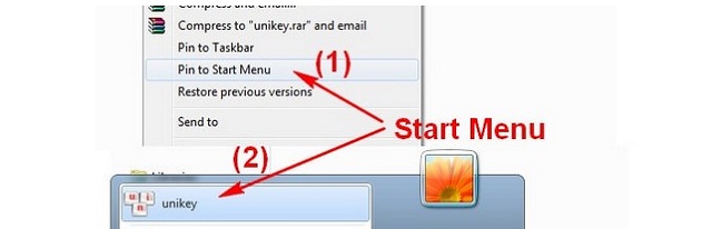 Unikey được gắn lên thanh Start Menu