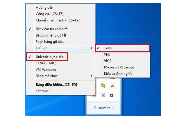 Vào biểu tượng Unikey có trên khay hệ thống. Chọn Unicode dựng sẵn, kiểu gõ Telex 