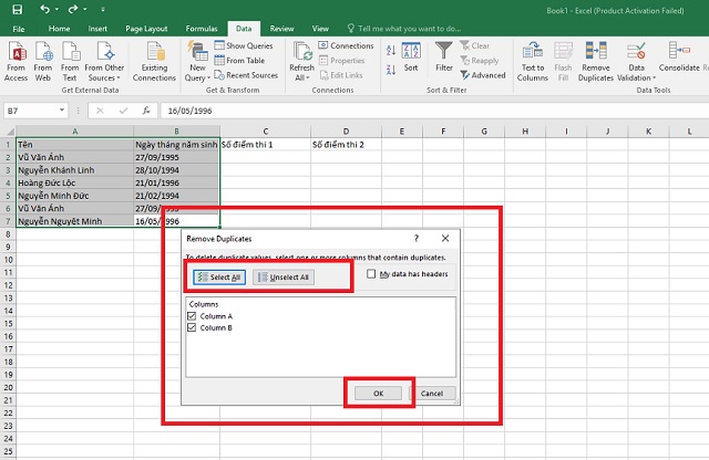 Trong mục Remove Duplicates, chọn chế độ Select All hoặc Unselect all rồi nhấn OK