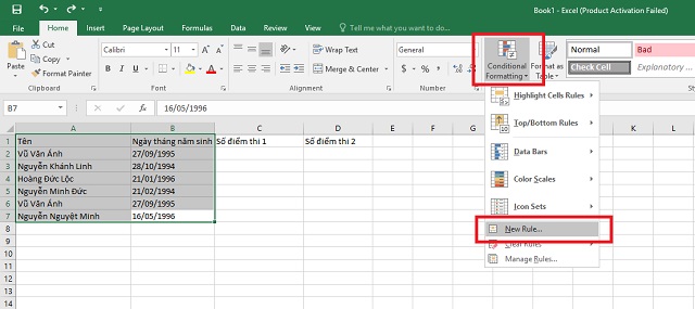 Bôi đen dữ liệu cần lọc rồi chọn Conditional Formatting rồi New Rule