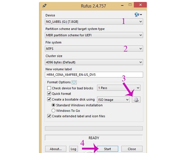 Mở Rufus, thiết lập thông số tạo USB boot