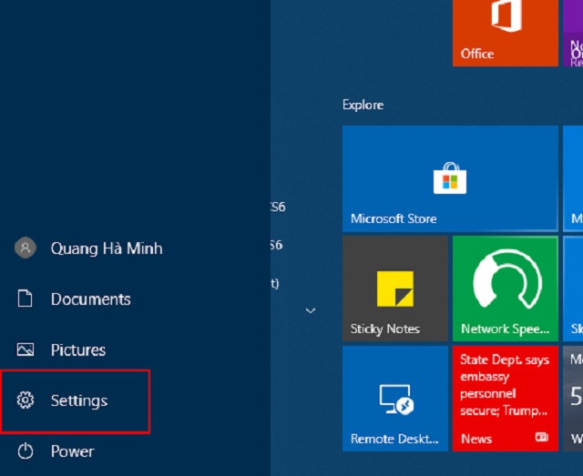 Vào Settings trong start menu 