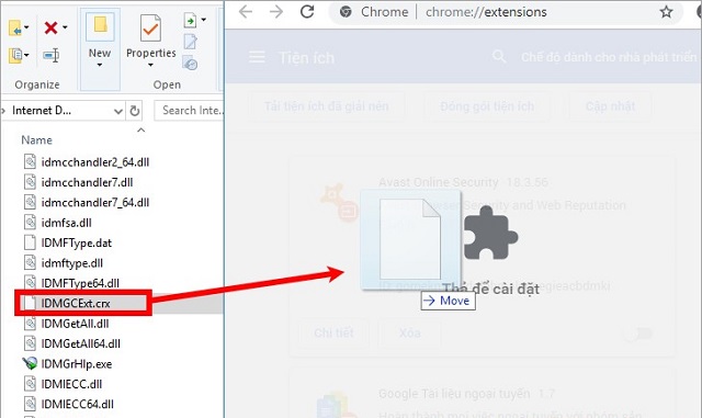 Kéo tập tin IDMGCExt.crx của IDM sang tiện ích của Chrome.