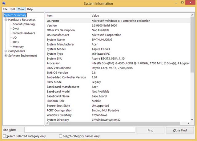 xem cấu hình máy tính bằng lệnh msinfo32