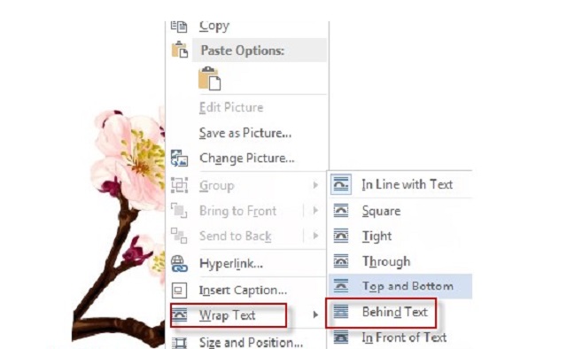 Chọn chế độ Wrap Text, sau đó là behind text