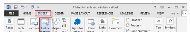 Chọn thẻ Insert. Sau đó ấn online Picture