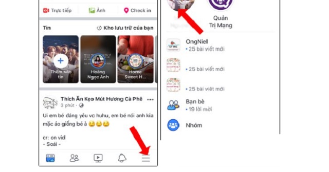 Vào facebook, ấn biểu tượng 3 dấu gạch ngang