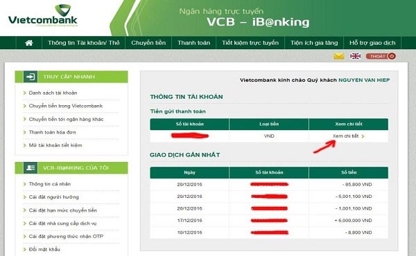 Kiểm tra tài khoản bằng Internet banking