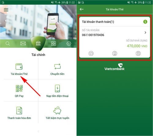 Kiểm tra tài khoản Vietcombank qua app trên điện thoại