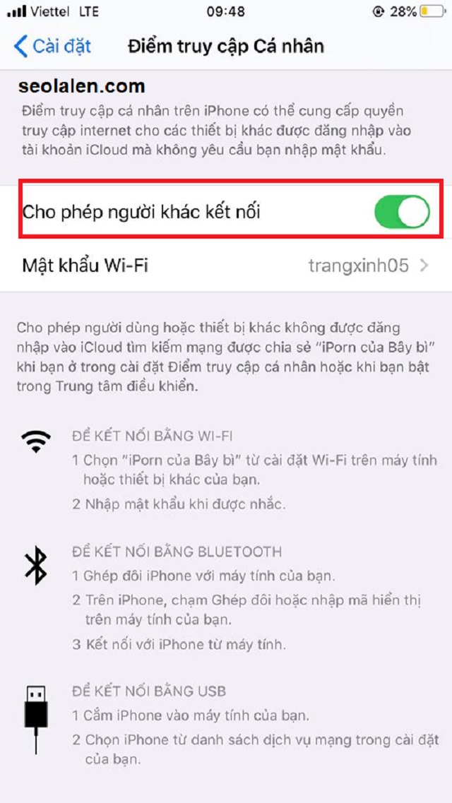 Kết nối cùng điểm truy cập cá nhân vừa phát vào Iphone