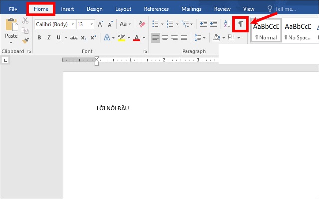 Chọn thẻ Home, nhấn tab Paragraph. Tiếp tục ấn vào biểu tượng Show/Hide 