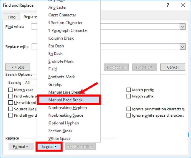 Chọn Specical, kích vào mục Manual Page Break.