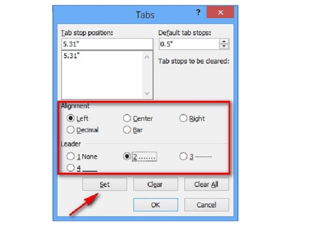 Chọn các kiểu Tab rồi click Set. Ấn nút OK 