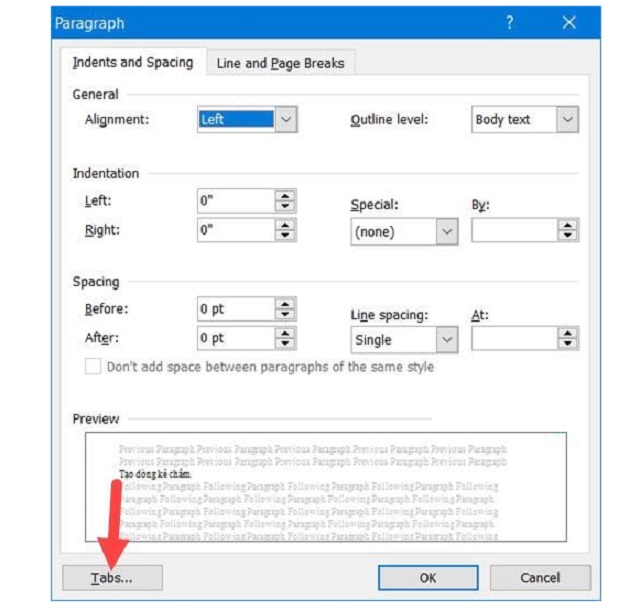 Trong mục Paragraph, chọn ô tabs