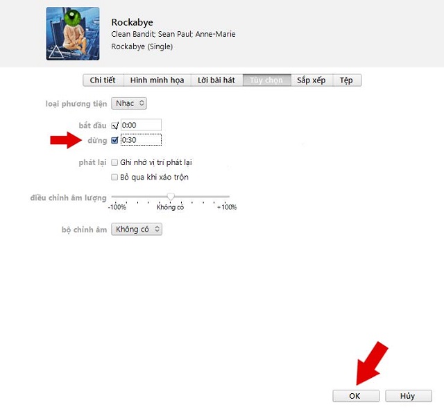 Vào mục tùy chọn, chọn đoạn nhạc 30 giây, ấn OK