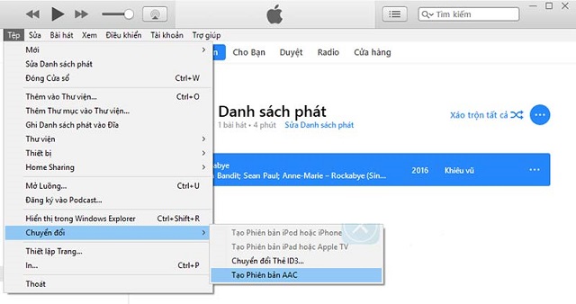 Kích vào tệp, chọn chuyển đổi rồi tạo ra phiên bản AAC