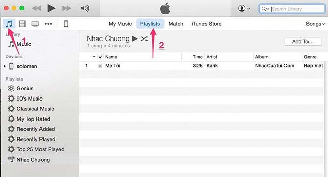 Khởi động iTunes lên. Click vào phần hình Nhạc, tiếp theo là thư viện