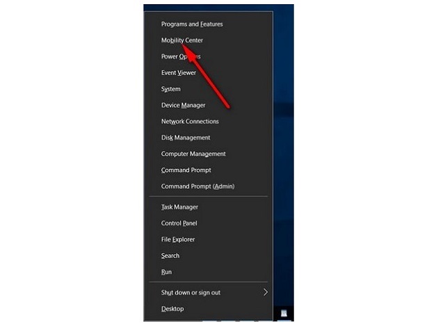 Nhấn tổ hợp phím: Windows + X. Sau đó, chọn Mobility Center