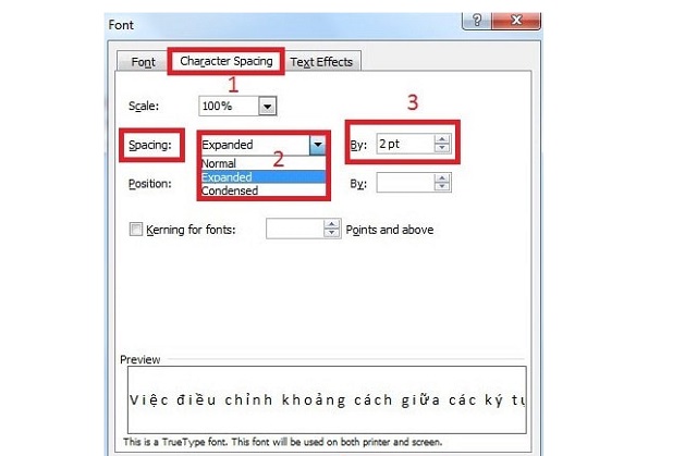 Khi vào mục Font, chọn tab Character spacing và điều chỉnh cỡ như bạn muốn. Xong ấn OK