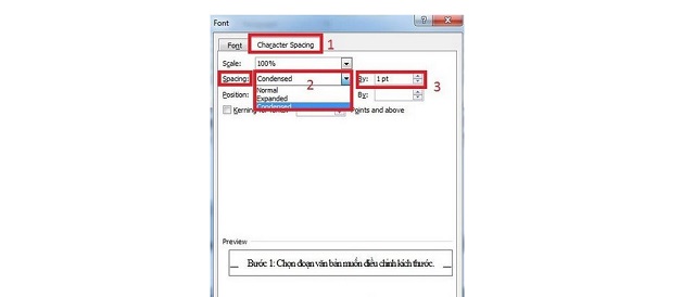 Font mở ra, chọn thẻ Character spacing và điều chỉnh khoảng cách chữ theo ý muốn 