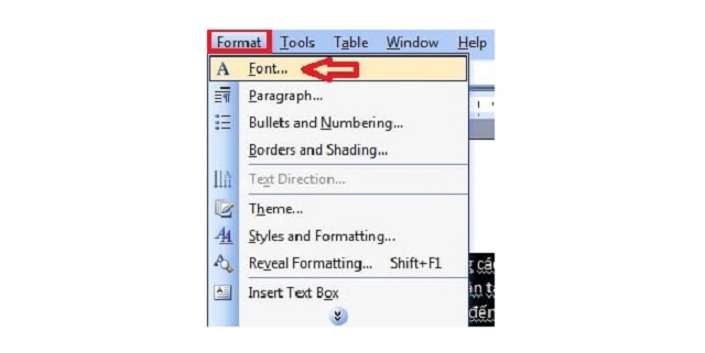 Kích vào thẻ Format, chọn tiếp Font 