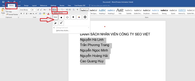 Sau đó hãy chọn Home, ấn Bullets và chọn ký tự đánh số bạn muốn 