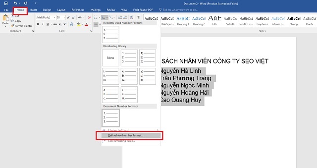 Nếu muốn tự làm ký tự, hãy ấn Home, chọn Define New Numbering Format 