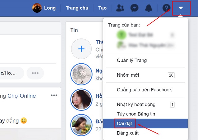 Kích vào hình tam giác trên thanh menu, chọn cài đặt 