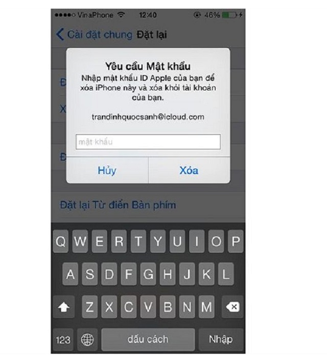 Nhập mật khẩu tài khoản Apple ID của bạn rồi chọn nút Xóa