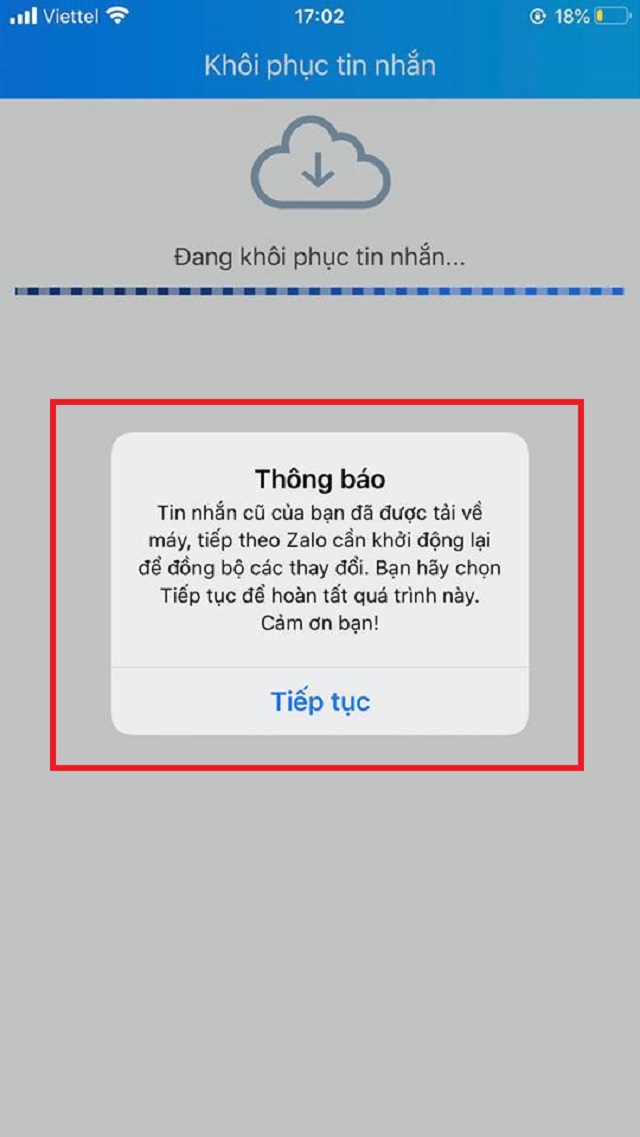 Zalo thông báo tin nhắn đã được khôi phục 