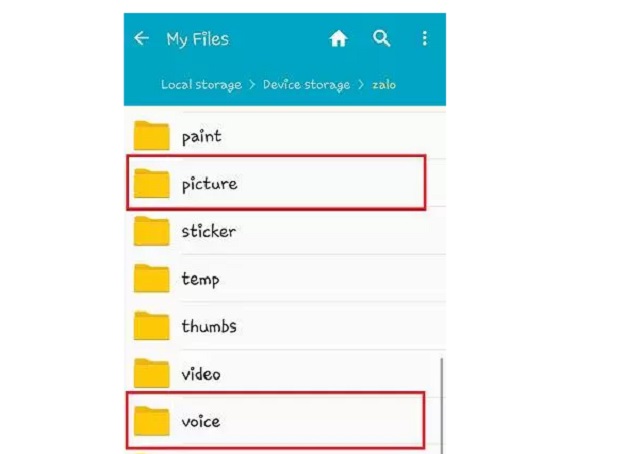 Các thư mục nhỏ như ảnh, video sẽ có trong thư mục lớn Zalo