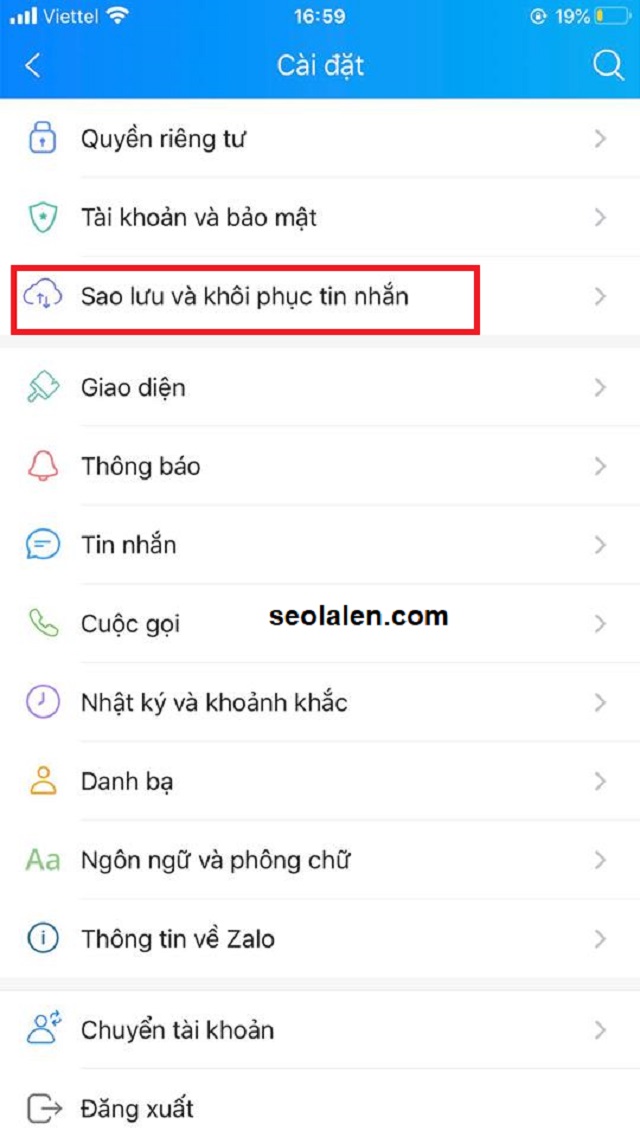 Chọn mục Sao lưu và khôi phục tin nhắn 