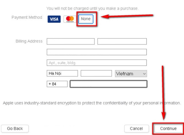 Nếu chưa có thẻ, bạn hãy chọn None. Sau đó, nhập thông tin ở phần Billing Address và nhấn tiếp tục 