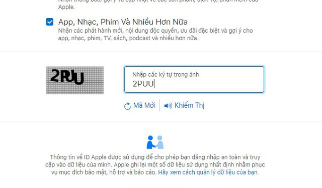 Nhập đúng phần capcha hiển thị bên cạnh ô điền. Sau đó, ấn tiếp tục