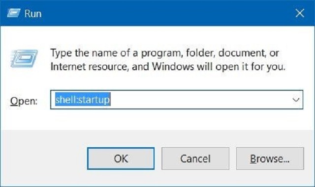 Nhập lệnh shell:startup vào cửa sổ Run, sau đó ấn Enter