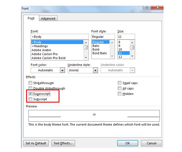 Chọn Superscript hoặc Subscript rồi nhấn Ok để kết thúc quy trình.