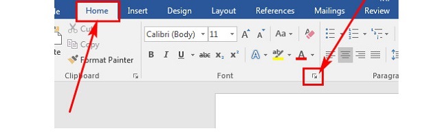Mở hộp thoại bằng việc chọn Home, nhấn vào mũi tên tại thẻ Font 