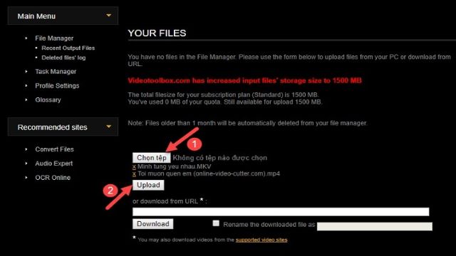 Trong mục File Manager, hãy chọn 2 video mà bạn cần ghép. Sau đó, kích tiếp vào ô Upload