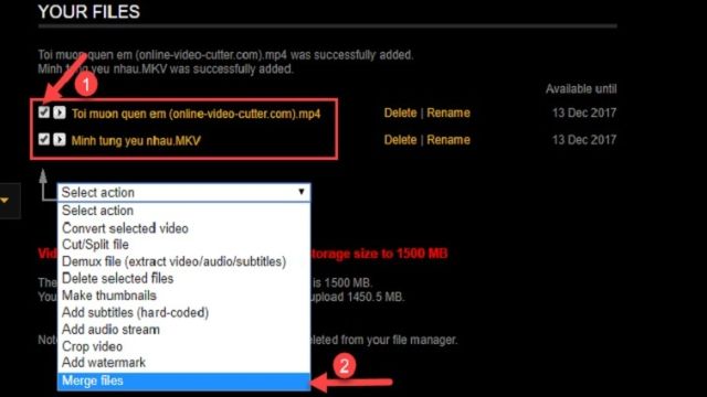 Tích các video cần ghép, rồi chọn tiếp mục Select Action => Merge Files. 